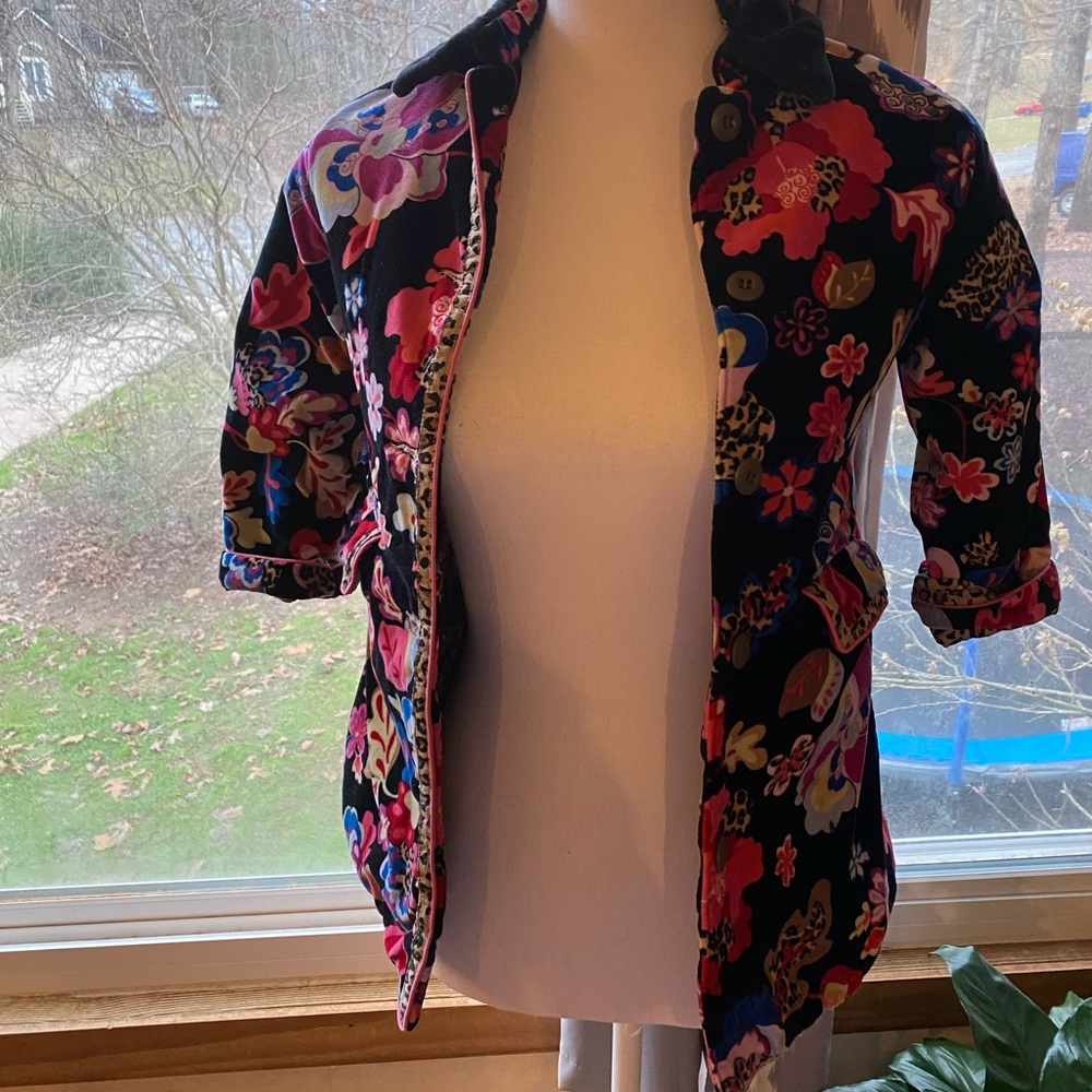 Multicolored Floral Velvet Quilted Peacoat Leopard Details Girls S(5/6) - Picture 3 of 13